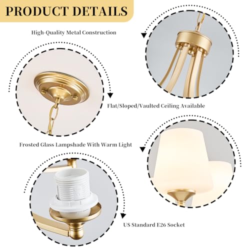 Image of 6-Light Modern Gold Chandeliers for Dining Room 47.2'' Adjustable Height Farmhouse Pendant Light with Frosted Glass Shades,Gold Round Chandeliers Hanging Lamp for Kitchen Island Dining Table Entryway