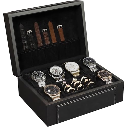 Image of KAMIER Watch Box for Men, 6-Slot High End Wooden Watch Case with Jewelry Organizer, Watch Box Holder Organizer for Men Women, Watch Storage Box with Soft Velvet Pillows, Ideal for Gift
