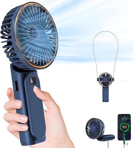 Ventilador de Mano Portátil 4000mAh Recargable, Mini de Escritorio Plegable 180°, 6 Velocidades, Pantalla LCD, Silencioso, con Cuerda para Cuello, Tamaño de Bolsillo