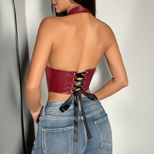 Trendy Faux Leather Halter Crop Tops for Women - Sexy Deep V-Neck, Lace Up Back, Clubwear, Street Style & Party4