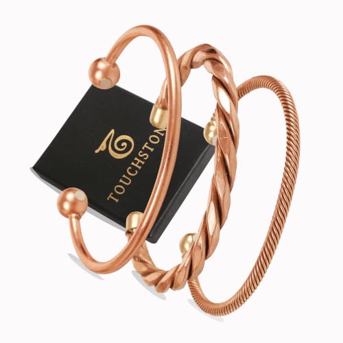 Image of Touchstone copper bracelet tibetan style. hand forged with solid and high gauge pure copper. set of 3 different designs in twisted pipe braided wires style.