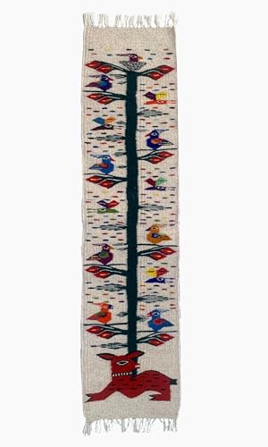 Handwoven Tree of Life Wool Area Rug, Murky White with Colorful Birds Pattern, Traditional Zapotec Style, 10x41 nches