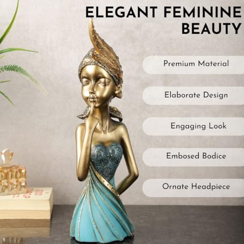 Image of ARMONIA Premium Embossed Gold & Turquoise Figurine with Ornate Headpiece - Feminine Beauty Sculpture for Home Decor, Gifting & Ambience, Showpiece Figurine for Home Decor Gift, Wedding & Housewarming