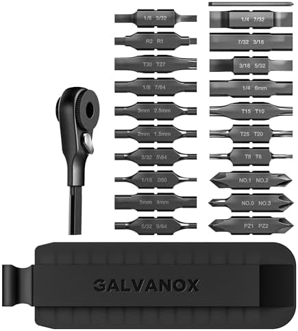 Galvanox Full 21PC Bit-Kit Set with Ratchet, Designed for Leatherman EDC Multi-Tools [Industrial Grade] S2 Steel Screwdriver Set with Bit Holder and Flat-End Ratcheting Wrench Driver (Black)
