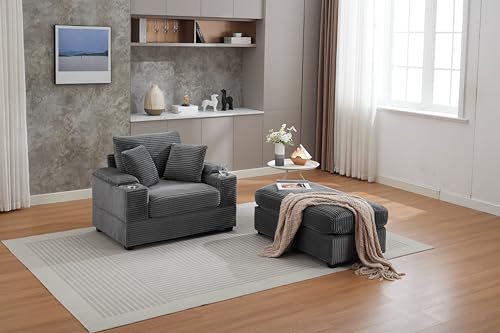 Image of 50 inch Corduroy Upholstered Chaise Lounge Chair Indoor, Modern Lazy Sofa with Storage Armrest, Sleeper Couch with Cup Holders for Living Room, Grey