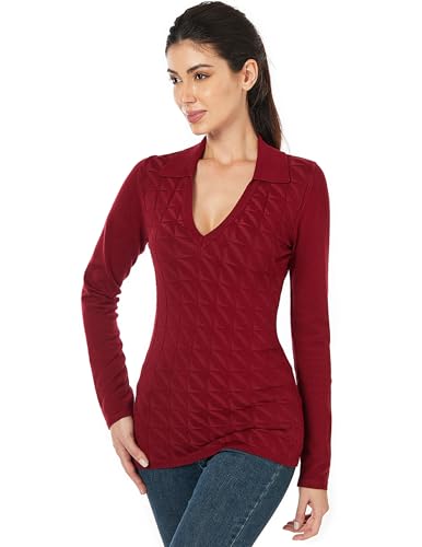 AmélieBoutik Women Collar Deep V Neck Knit Plaid Front Houndstooth Long Sleeve Sweater Top2