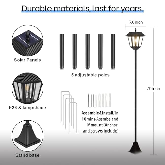 Solar Lamp Post Lights Outdoor Waterproof, 70 Tall Solar Light Poles for Outside, Decorative Floor Lamp Lighting for Garden Patio Yard Lawn Pathway Driveway, Warm White