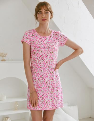 Image of Ekouaer Womens Nightgown Sleep Shirt Dress Satin Patchwork Short Sleeve Sleepwear with Pocket