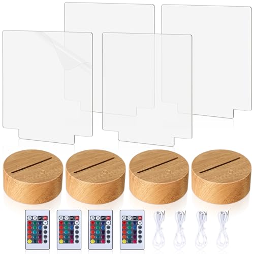 Image of Baquler 4 Set 3D LED Night Light Lamp Base Gift DIY 3D Clear Acrylic Blank Engrave Sheets with Remote Control USB Cable 16 Color 4 Mode for Room Cafe Bar Birthday Decoration(Square)