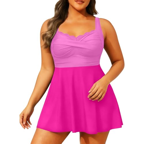 Generisch Traje de baño de dos piezas: parte superior y bañador tankini, cómodos trajes de baño para tallas grandes, Rosa intenso., XXL