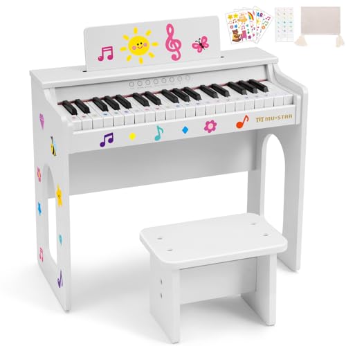 Kids Piano Keyboard 37 Keys Wood Digital Piano for Kids with Bench Song Book DIY Stickers Cover Education Creative Musical Instruments Toy for Boys & Grils Gifts