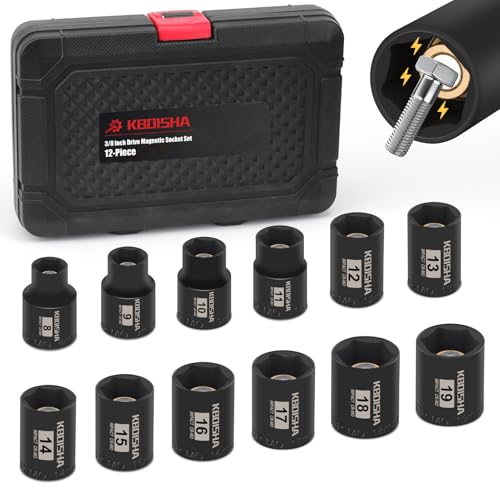 KBOISHA 3/8 Inch Drive Magnetic Socket Set 12-Piece Metric 8mm-19mm CR-MO Impact Socket Set with Heavy Duty Storage Case