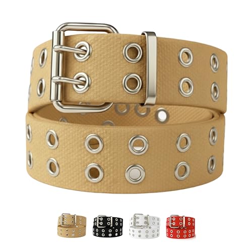 Double Grommet Belt Canvas Punk Style Web Belt Double Eyelet for Women Men Jeans 2 Hole Belts 1.5'' Wide