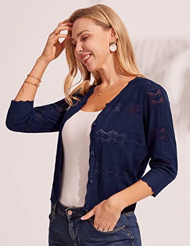 Women 3/4 Sleeve Cardigan Sweater Lightweight Crochet Bolero Jacket Casual Elegant Fancy Shrugs For Dresses Tops Navy Xl #TOP1