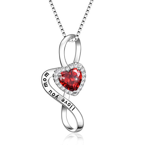 NUOKUN I Love You Mom S925 Sterling Silver Heart Pendant Necklace Mother's Birthday Gift (Red)