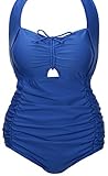 QZUnique Women's One Piece Bathing Suit Tummy Control Swimwear Halter Ruched Swimsuit Plus Size Vintage Push Up Monokini 03 Blue/X-Large