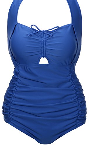 QZUnique Women's One Piece Bathing Suit Tummy Control Swimwear Halter Ruched Swimsuit Plus Size Vintage Push Up Monokini 03 Blue/X-Large