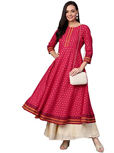 Image of Yash Gallery Womens Cotton Gold Printed Ethnic Wear Anarkali Kurta