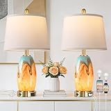 Hamucd Modern Glass Table Lamp Set of 2 with 7 Lighting Modes, 3-Color Temperature Nightstand Lamp with USB A+C Port, Blue-Brown Coastal Bedside Lamp for Living Room Bedroom(LED Bulbs Included)