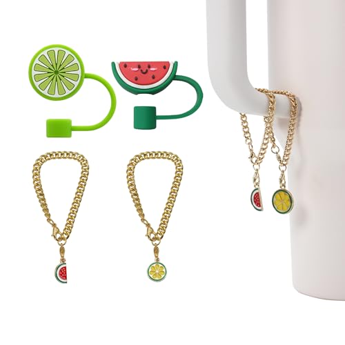 4Pcs Stanley Cup Accessories Contain 2Pcs Charm Accessories for Stanley Cup & 2Pcs Cute Fruit Silicone Straw Topper Covers for 30 & 40 0z Tumbler with Handle, 10mm 0.4in Reusable Straw Lid Cap
