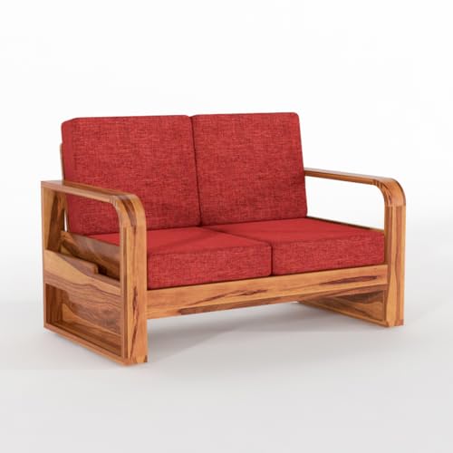 Image of Solid Sheesham Wooden 4 Seater Sofa Set for Living Room | Sofa Set with Side Pocket Storage & Cushion | Rosewood Sofa Set for Home (Honey with Red Cushion, 4 Seater)