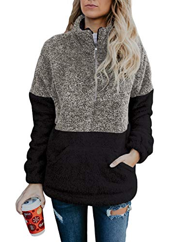 Acelitt Women's 1/4 Zip Ladies Cozy Color Block Fuzzy Loose Casual Winter Coat Autumn Fluffy Fleece Pullover Pockets Sweatshirts Small