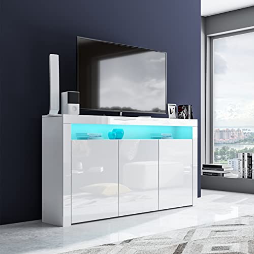 Sideboard High Gloss 3 Doors Sideboard Cabinet Storage Cupboard with LED Lights Modern Living Room Bedroom Furniture (White) - Image 7