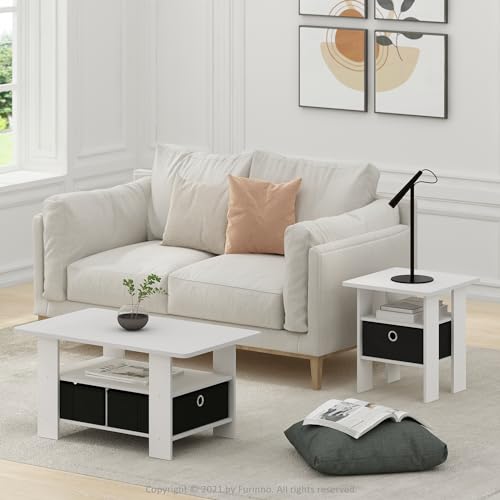 Image of Furinno Andrey Small Modern Coffee Table with Storage Shelf, White | 2x Black Bin Drawers, Soft-Corner, Rectangular Side Table for Living Room, Bedroom, Home Office