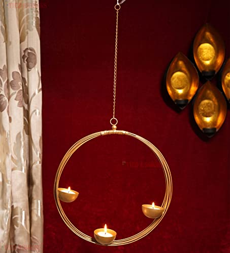 Tied Ribbons Set Of 2 Wall Hanging Round Shape Golden Tealight Candle Holders For Lights Decoration - Hanging Tealight Candle Holder Votive Wall Sconce For Living Room Bedroom Home Décor #TOP2