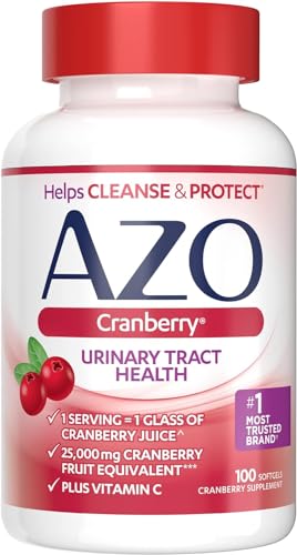 Image of AZO Cranberry Urinary Tract Health Dietary Supplement, 1 Serving = 1 Glass of Cranberry Juice, Sugar Free, 100 Softgels (Pack of 24)