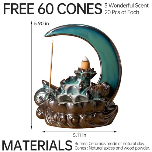 GARMOLY Moon Incense Burner with 60 Incense Cones + 30 Incense Stick, Ceramic Waterfall Incense Burner, Backflow Incense Holder for Aromatherapy Ornament Home Decor (Cyan)