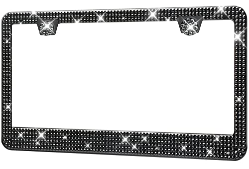 Hotor License Plate Frame - Lastingly Bling License Plate Holder, Sparkly License Plate Frame For Women, Stainless Steel & Obstruction-Free License Plate Frame With Multifaceted Rhinestones Black #TOP26