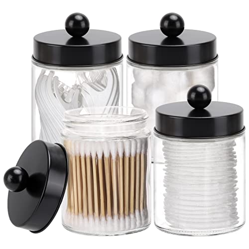 Tbestmax Glass Qtip Holder Dispenser, 10-Ounce Bathroom Containers Apothecary Jars With Metal Lids For Cotton Ball Swab Pad, Black (4 Pack) #TOP20