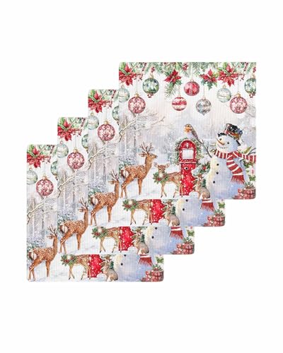 Hokiten Christmas Waffle Kitchen Towels Dishcloths, Snowman Elk Snowflake Xmas Balls Absorbent Dish Towels | Hand Towels for Bathroom/Bar, 12 x 12 Inch, 4 Pcs