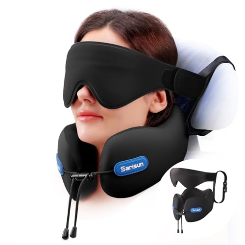 SARISUN Travel Pillow Neck Pillow for Travel Travel Pillows with Strap Combo with 3D Eye Mask for Sleep Real Neck Support Memory Foam Neck Pillow for Airplane Flights/Car Road Trip Black