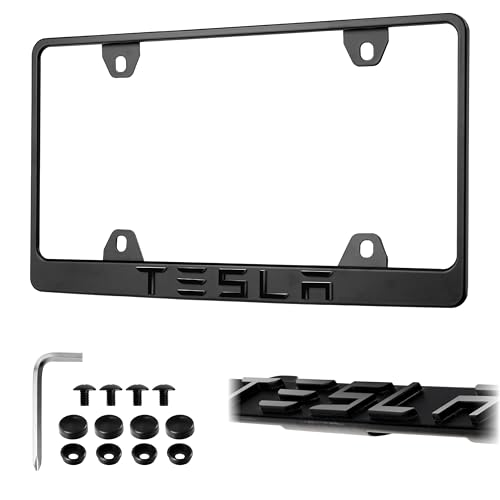 Tesla License Plate Frame Stealth Black Powder Coat UV Resistant Rust-Proof Steel - One Piece - Compatible with 2012-2025 Tesla Model S 3 X Y CyberTruck (3D RAISED LETTERS w/ MOUNTING HARDWARE)