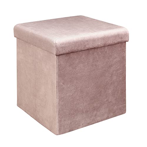 HOME DECO FACTORY Coffre Pouf Pliable Rangement Gain de Place Velours Cotele Rose