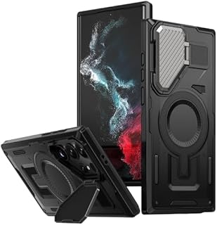 جراب حماية خلفي مغناطيسي متوافق مع خاصية الشحن ماج سيف مع حامل وواقي كاميرا لموبايل سامسونج جالاكسي S23 الترا من جولدن ماسك (لون أسود)