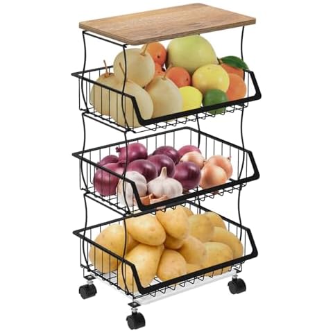 RÉΑLWÁY Fruit Basket for Kitchen - 4 Tire Kitchen Cart on Wheels - Stackable Wire Baskets for Organizing Fruit and Vegetable Storage - Rolling Kitchen Cart with Wood Top for Kitchen Pantry Cover