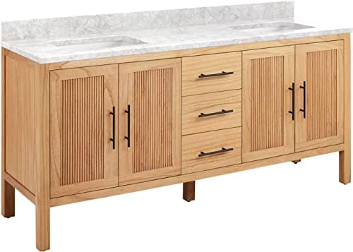 Signature Hardware 481844 Ayanna 72" Free Standing Double Vanity Set with Mindi Wood Cabinet, Vanity Top and Rectangular Undermount Vitreous China Sink - Natural Mindi/Carrara Marble