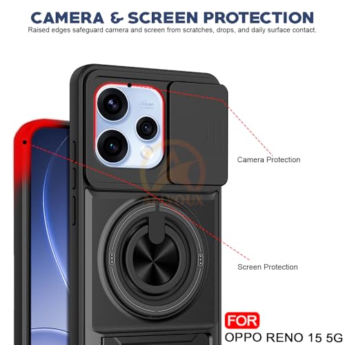 Image of Oppo Reno 15 5G Back Cover | Armor Camera Slider 360 Degree Rotating Finger Ring Holder Case with Bracket Stand Back Case Cover (Compatible with MagSafe Accessories) (Black)