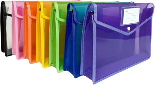 Image of 7 Pack Plastic Expanding File Folder, Folders for Documents with Snap Closure, No Dividers, Large Capacity, Assorted Colors, Transparent Accordion File Pouch, Fit Letter/A4 Size (A4)
