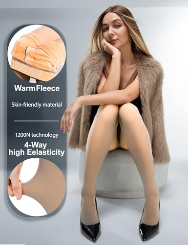 Image of KBVOT Fleece Lined Tights Women Sheer Warm Pantyhose Leggings Fake Translucent Thermal Winter Thick Tights for Dresses
