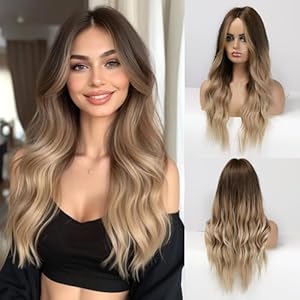 Esmee 24 Inches Long Curly Synthetic Hair Wigs for Women Middle Parting Dark Brown to Light Brown Wigs for Daily Party Cosplay Use