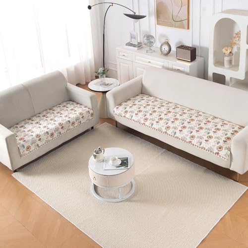 Image of HOKIPO Wildflower Breeze Quilted Sofa Cover 5 Seater Set with Tassels - Washable 3+2 Sofa Cover Mat |'Tassel Twigs' Series (IN-985-T7 + IN-983-T7)