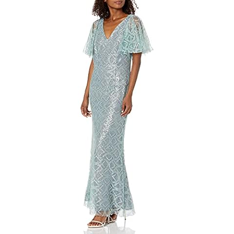 JS Collections Women's Sequin V-Neck Cape Gown with Metallic Lace Overlay, Sage, 6 Cover