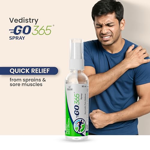Image of Vedistry Go365 Ayurvedic Pain Relief Spray for Sprains & Sore Muscles | Fast and Quick Absorption & Groin Support for Injuries & Joint Care | Fast-Acting Relief for Pain, Swelling, Reduce Inflammation & Irritation for Back, Knee, Neck, Leg, Shoulder & Muscle Discomfort | Instant Cooling Action for Quick Recovery - 90 Ml (Pack of 2)