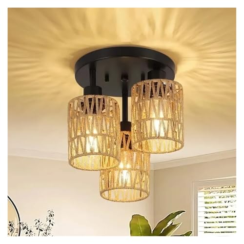 Lustre en rotin à 3 lumières avec abat-jour en osier tressé main E27
