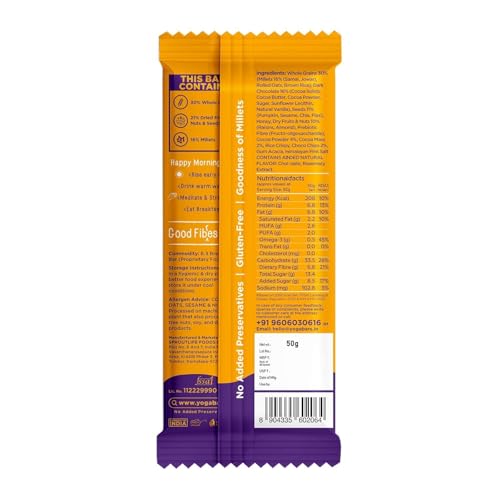 Image of Yoga Bar Breakfast Protein Bar | Dark Chocolate | 7g Protein, 7g Fibre, 26g Net Carbs, 5g Good Fats | Made with Whole Grains | High Fibre & Protein Rich Snack (50g)