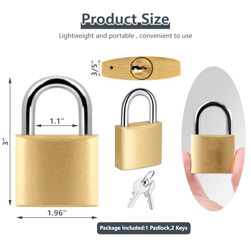 Image of 1 Pack Padlock with 2 Same Keys Thicken Locker Lock 2 inch 50mm Solid Brass Padlock Weatherproof for Gym Case Backpack Luggage Hasp Storage, Large, Gold